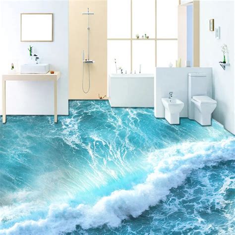 Custom Self Adhesive Floor Mural Wallpaper Modern Sea Wave 3d Floor Tiles Sticker Bathroom