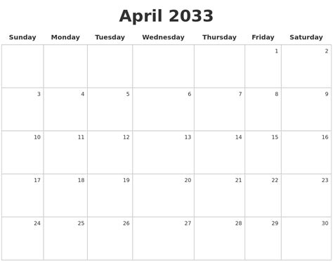 April 2033 Make A Calendar