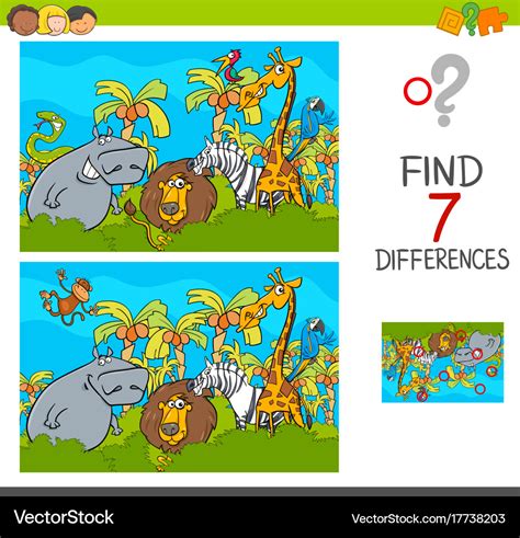 Spot Differences Game With Safari Animals Vector Image