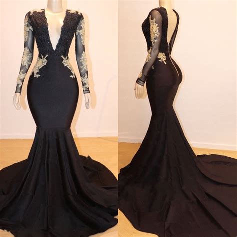 2021 V Neck Long Sleeve Black Prom Dresses Gold Lace Appliques