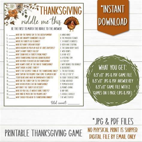 Thanksgiving Riddle Me This Game Printable Games Fall Games Instant