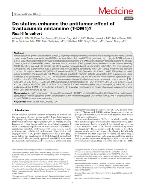 Pdf Do Statins Enhance The Antitumor Effect Of Trastuzumab Emtansine T Dm Real Life Cohort