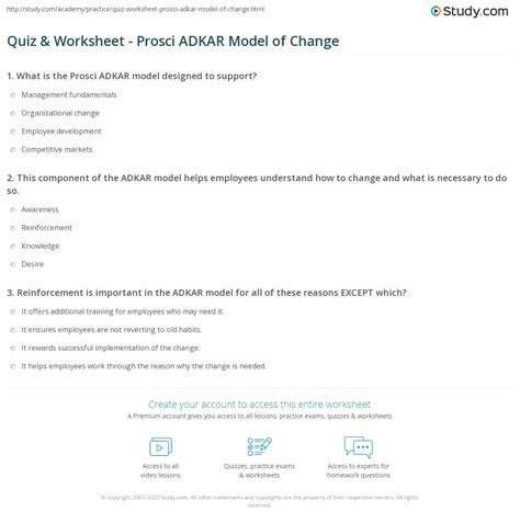 Quiz And Worksheet Prosci Adkar Model Of Change