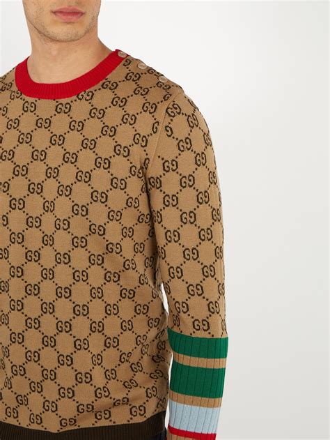 gucci gg jacquard crew neck wool sweater in natural for men lyst