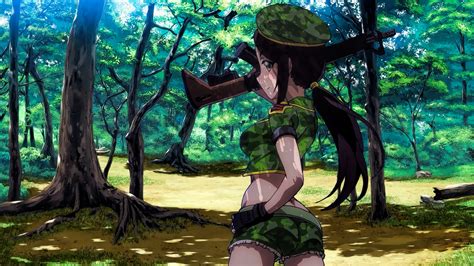 Download 1366x768 Wallpaper Short Jeans Army Girl Anime
