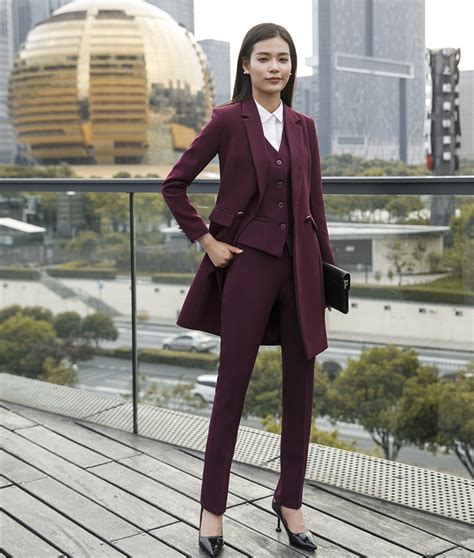 Women Business Suits 3 Piece Waistcoat Pant And Jacket Sets Purple