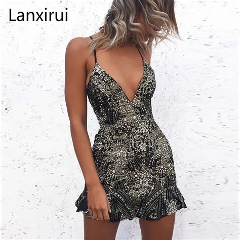 Sexy Deep V Sequin Backless Lace Up Dress Sleeveless Straps Evening Party Short Camisole