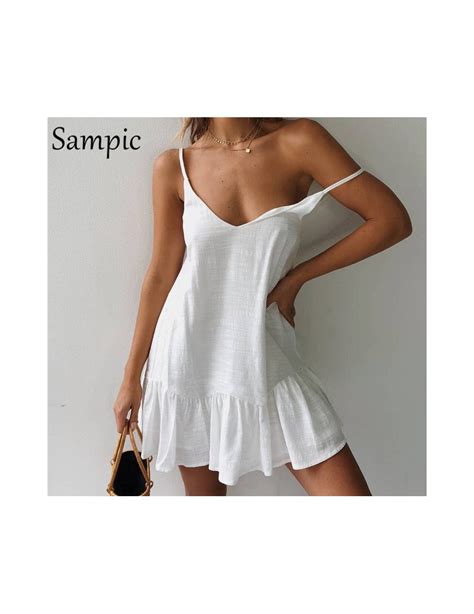 Backless Sundress Women Mini Dress Ruffle Spaghetti Strap Casual White Linen Dress Sleeveless