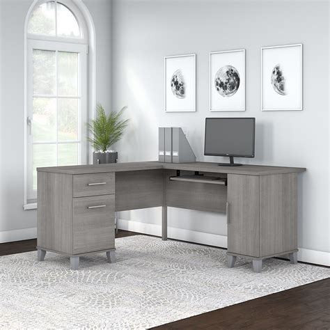 60w L Shaped Desk With Storage In Platinum Gray By Bush