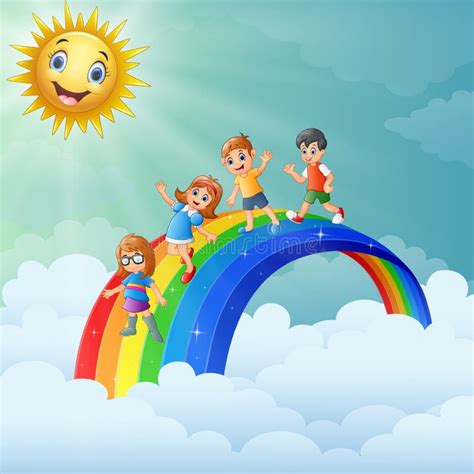 Children Standing Over The Rainbow With Smiling Sun Character Stock