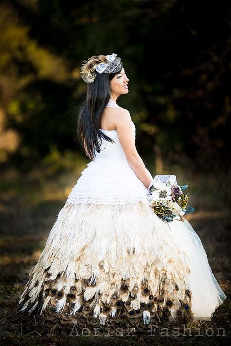Ivory Peacock Feather Wedding Gown Skirt Handmade Peacock Feather