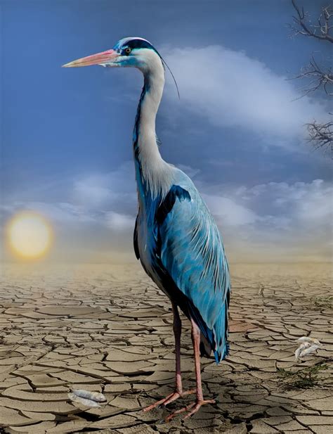 White And Blue Long Neck Bird Standing In Soil During Dry Season Free