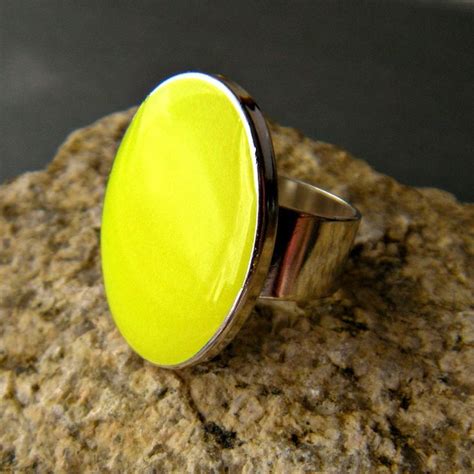 Neon Yellow Oval Statement Ring Resin Adjustable Fluorescent Yellow