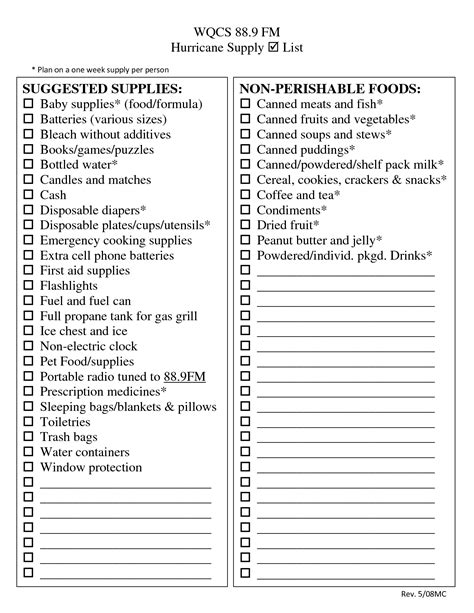 Printable Emergency Food List