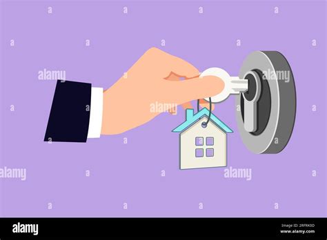 Character flat drawing landlord unlocks the house key for new home