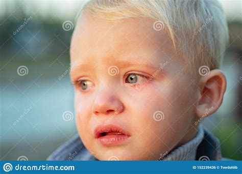 Little Boy With Tears Close Up Defocused Background Emotional Sad Baby