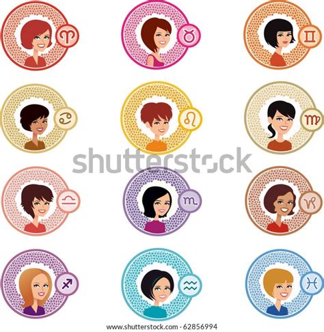 Complete Signs Zodiac Set Girls Astrology Vector De Stock Libre De