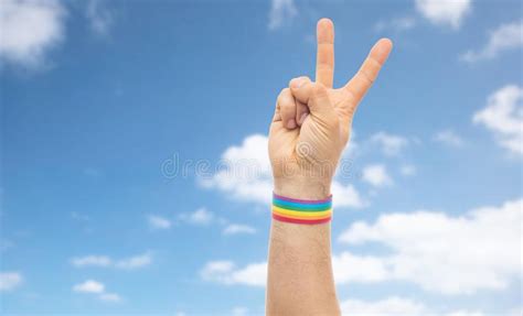 Hand With Gay Pride Rainbow Wristband Make Peace Stock Image Image Of Awareness Gesture