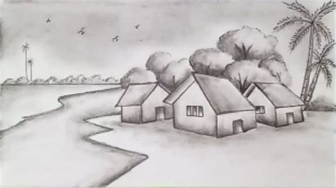 How To Draw A Scenery Of Village With Pencil Step By Step Very Easy