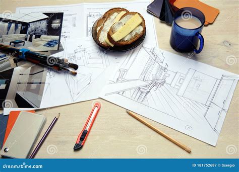 The Designer Draws A Project And Selects Materials Stock Image Image