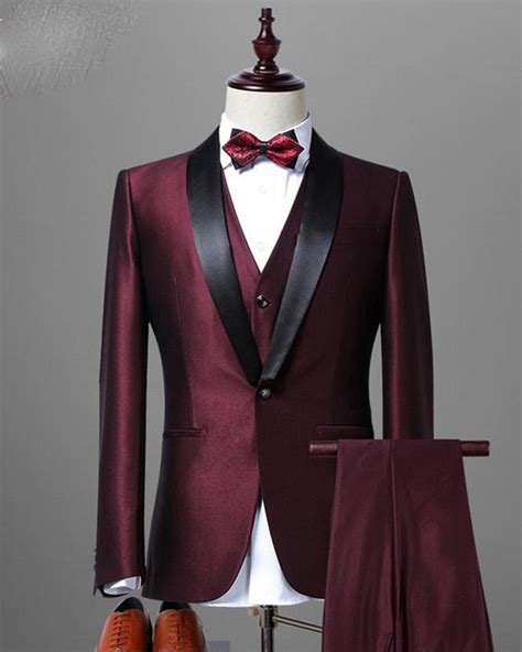 Mens Burgundy 3 Piece Tuxedo Suit Slim Fit One Button Wedding Wear