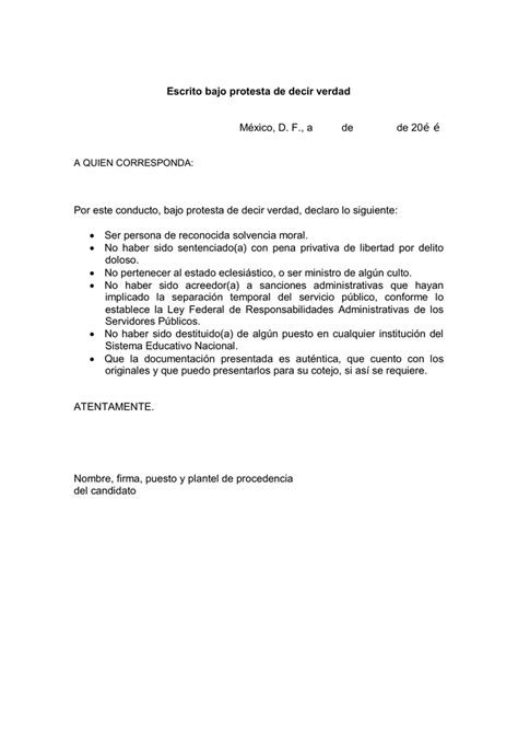 Escrito Bajo Protesta De Decir Verdad México D F A De De 20