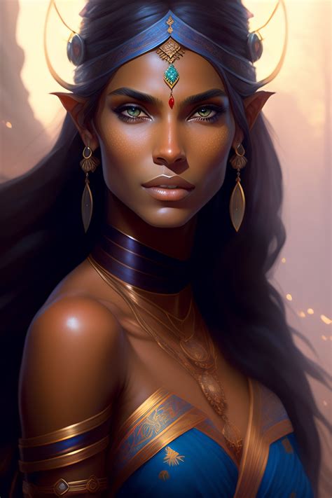 Lexica Elf Woman With Tan Brown Skin Blue Eyes Dark Freckles High Cheekbones Curved Nose