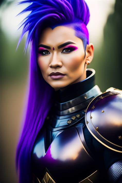 lexica portrait photo still of real life supersaiyajin fighter with armour and purple hair and