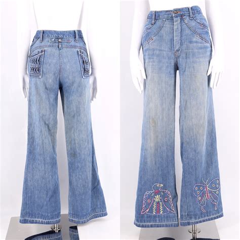 70s Custom Embroidered Bell Bottoms Jeans Vintage 1970s Butterfly Eagle Stitched Hi Waist
