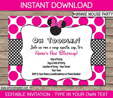 Minnie Mouse Invitation Template Birthday Party Pink Etsy