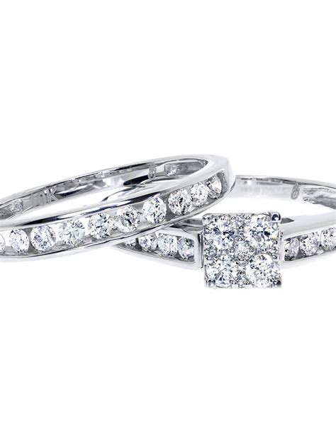 10k White Gold Ladies Square Cluster Diamond Engagement Bridal Ring Set