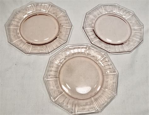 vintage blush pink floral etched depression glass dessert plates set of three cambridge glass co