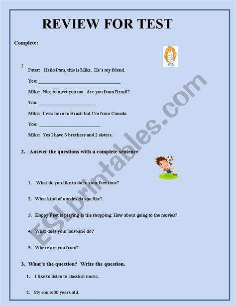 English Worksheets Review Worksheet