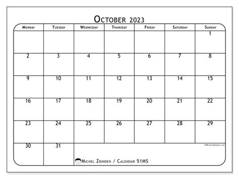 October 2023 Printable Calendar “772ms” Michel Zbinden Uk