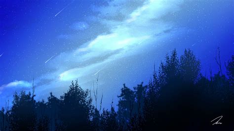 Download Wallpaper 2560x1440 Night Starfall Trees Clouds Starry Sky
