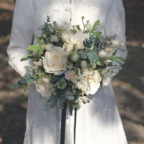 Bridal Bouquet Ivory White Rose Greenery Classic Wedding Etsy