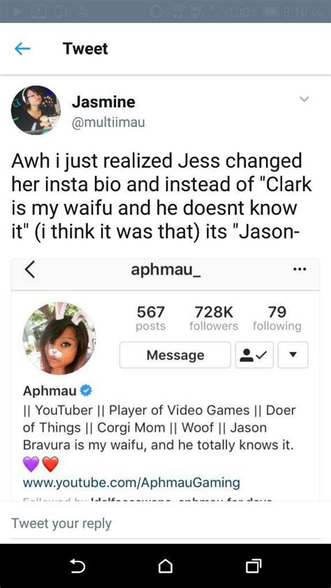 Aphmau loves drawing and is very good at it, though she admits that she hasn't got enough time to add as much detail to her drawings as she would like, since she is too busy with her work and kids. Filter Couple! Jess', Jason's and Jasmine's Twitter Update ...