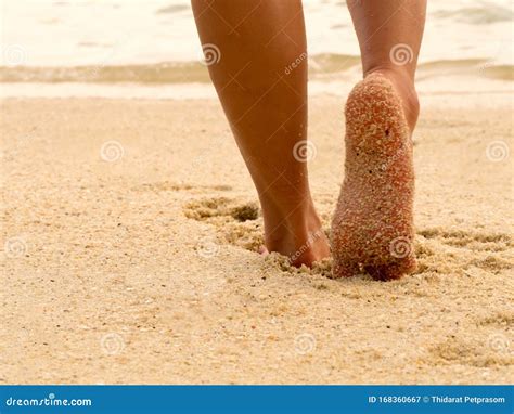Asian Women Legs Foot Step On Tropical Sand Beach Walking Female Feet Sand Beach Leaving