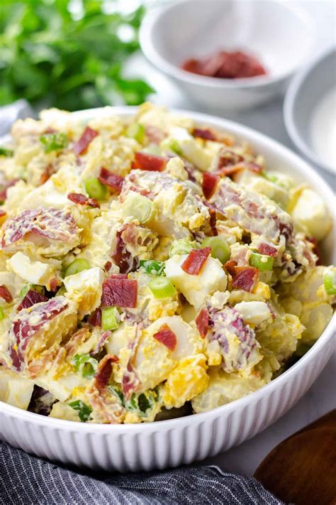 Red potatoes, reduced eggs to 2, reduced sweet pickle relish to 1 heaping tablespoon, reduced mustard to less than 1 tablespoon and increased mayonnaise to more. Potato Salad with Bacon and Egg | Veronika's Kitchen
