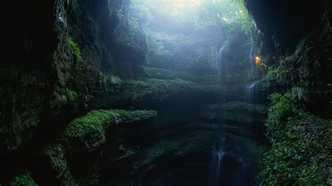 1920x1080 Cave Waterfall Landscape Nature Descent Light Gorge
