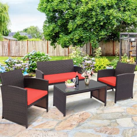 Gymax 4pcs Patio Conversation Set Outdoor Rattan Furniture Set W Red