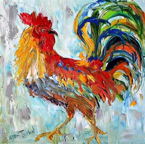 A Painting Of A Colorful Rooster Standing In The Grass
