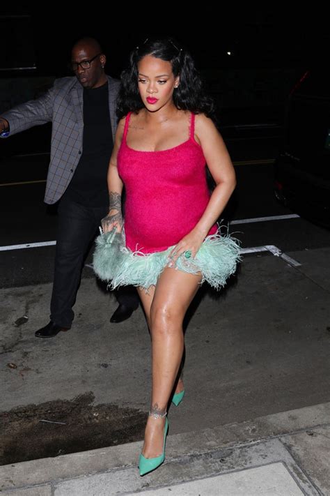 pregnant rihanna rocks hot pink mini dress with feathers heading to dinner in la photos