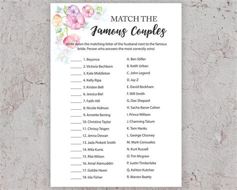 bridal shower game famous couples free printable printable templates