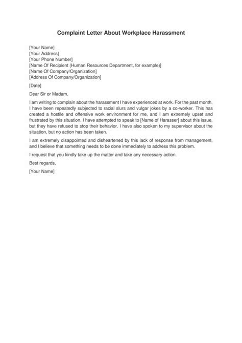 Complaint Letter About Workplace Harassment Draft Destiny
