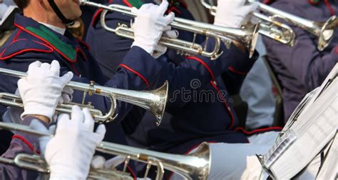 Trumpet Player During An Outdoor Concert Of A Brass Band Stock Image