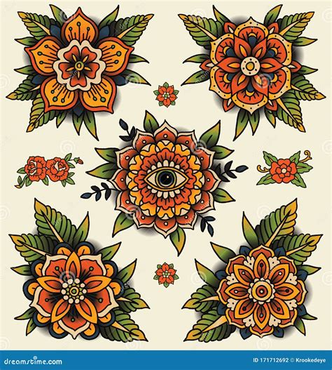Traditional Decorative Tattoo Flowers Set Of Isolated Vector
