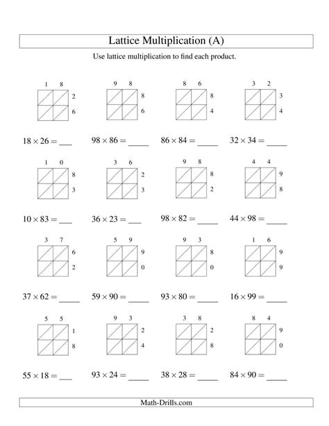 Free downloadable pdf worksheets for teachers: 2-Digit by 2-Digit Lattice Multiplication (A) Long Multiplication Worksheet