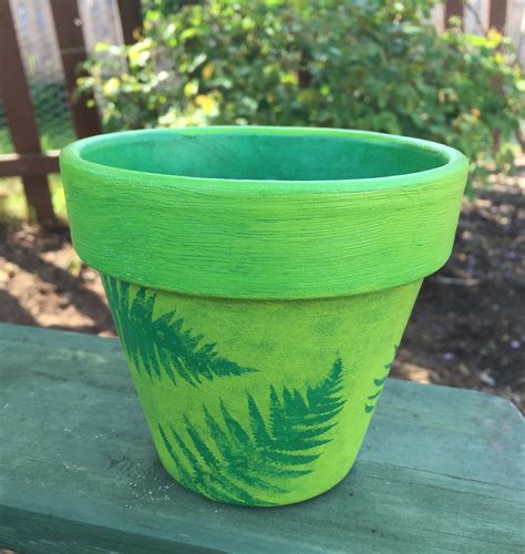Hand Painted Terra Cotta Flower Pot Personalized Green Fern Clay