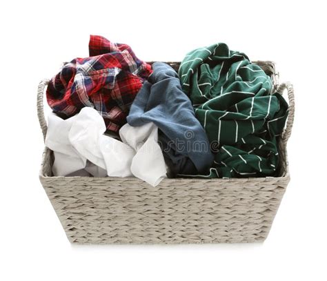 Wicker Laundry Basket Full Of Dirty Clothes On White Stock Photo